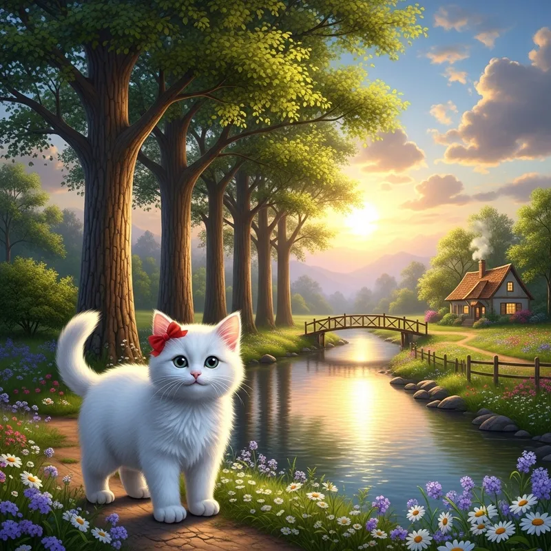 Hello Kitty in Enchanting Landscape with Sparkling River