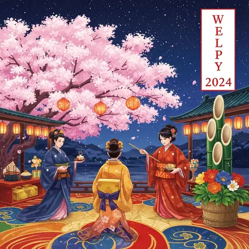 Japanese-Style 2024 Celebration with Cherry Blossom Tree