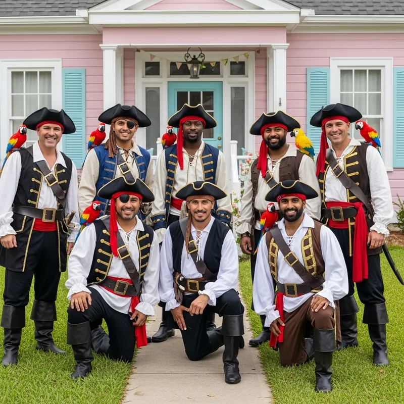 Diverse Adult Men in Pirate Costumes at Charming Pink House