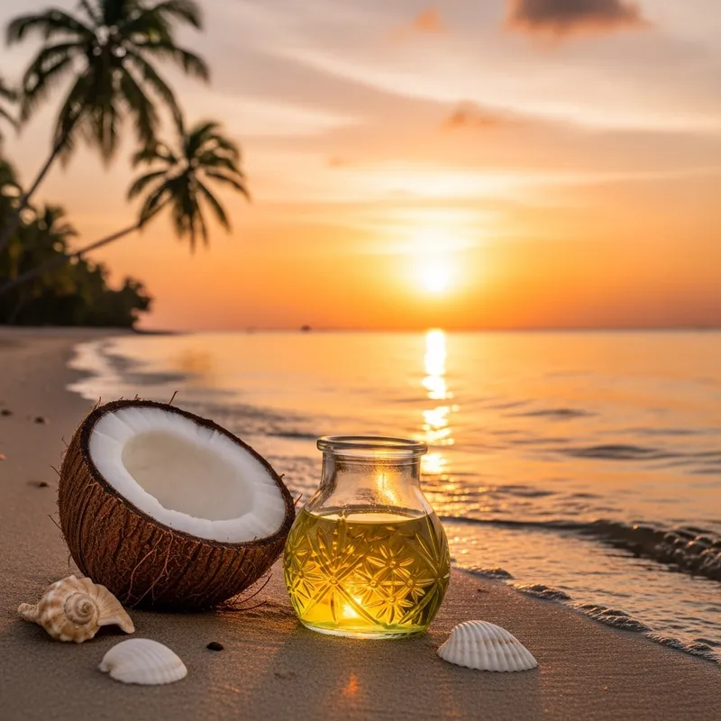 Charming Sunset Beach Scene with Shimmering Coconut Oil Charming Sunset Beach Scene with Shimmering Coconut Oil