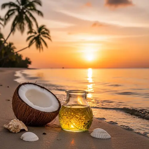 Sunset Beach Scene with Fresh Coconut Oil