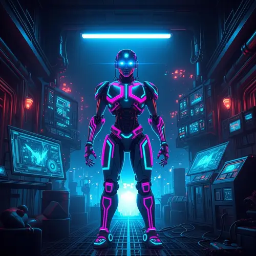Majestic Robot with Glowing Blue Eyes in Cyberpunk Setting