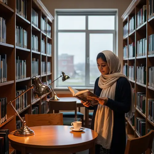 South Asian Hijab-Wearing Student in Library | Campus Panorama View
