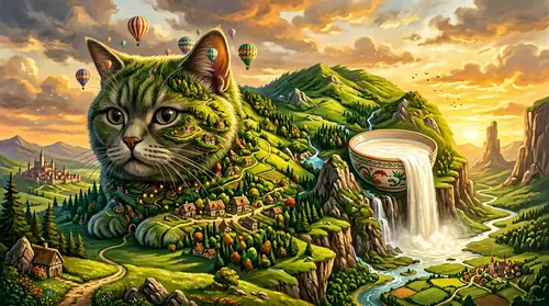 Whimsical British Shorthair Cat Landscape Art