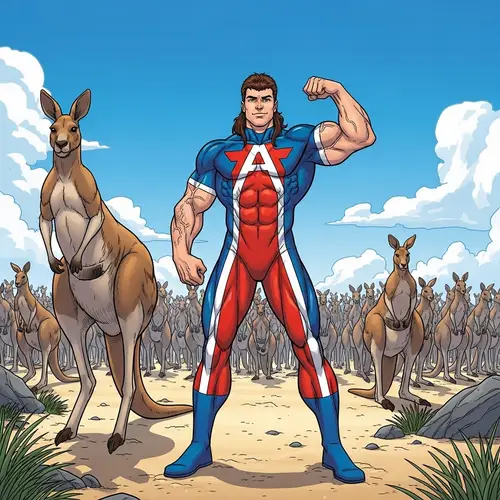 Muscle-Bound Superhero with Kangaroo Army on Sandy Beach