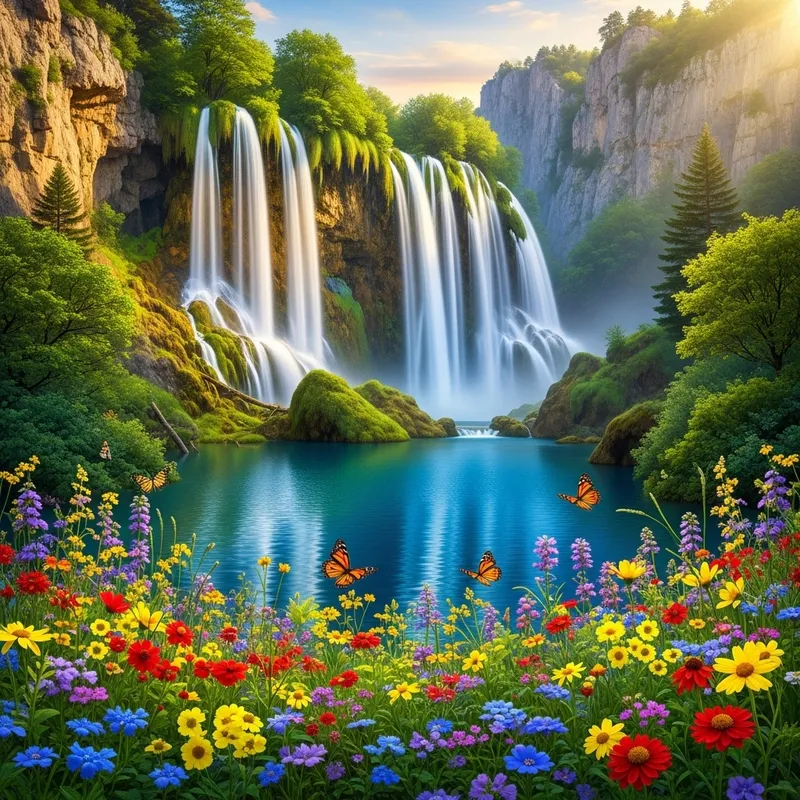 Tranquil Waterfall Landscape with Colorful Wildflowers Tranquil Waterfall Landscape with Colorful Wildflowers