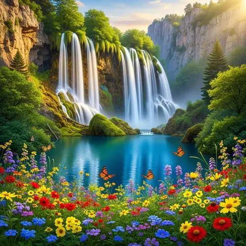 Tranquil Waterfall Landscape with Vibrant Wildflowers