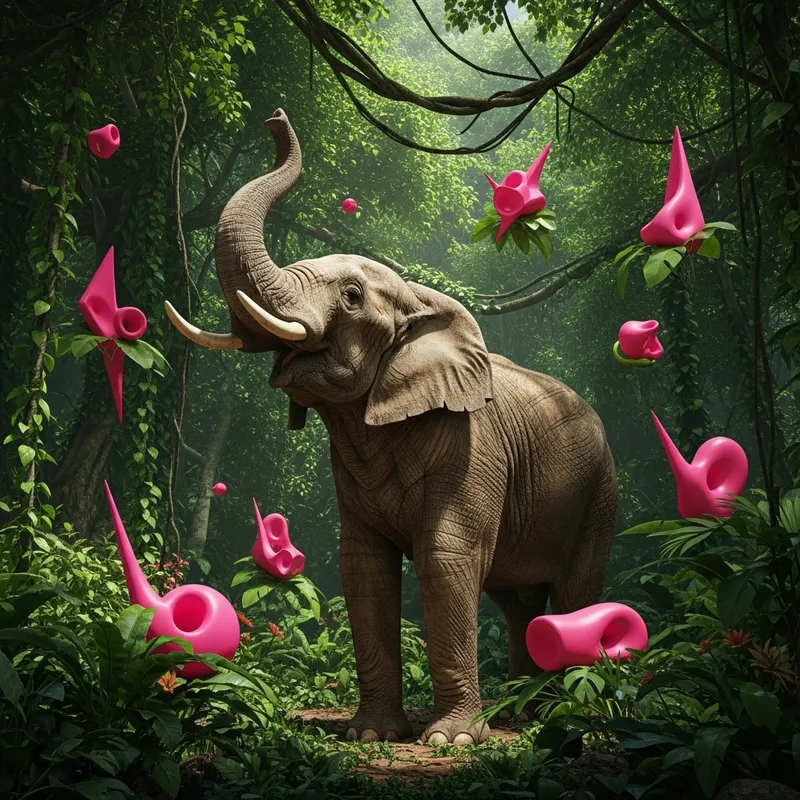 Majestic Elephant in a Surreal Jungle Scene