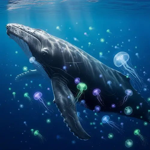 Whale Swimming Among Jellyfish in Vast Ocean