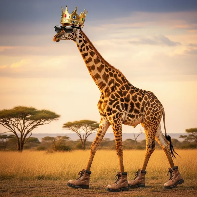 Stylish Giraffe Sporting Sunglasses, Crown & Boots