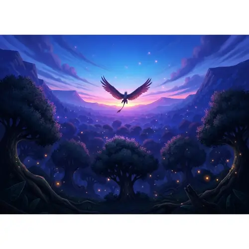 Mystical Forest Scene at Dusk | Fantasy Creature in Flight
