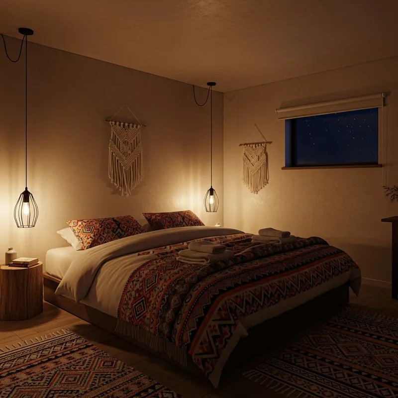 Warm Bohemian Style Double Bed Bedroom | Enchanting Night Sky View