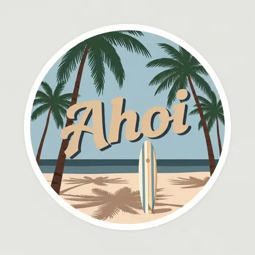 Simplistic Beach Sticker with Palms and Surfboard - Ahoi