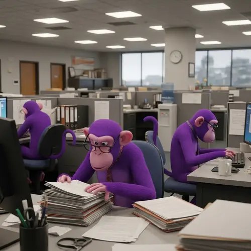 Animated Monkey in Purple: Unconventional Office Scene