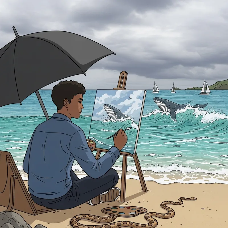 Young Artist Painting Whale by the Bay | Serene Scene