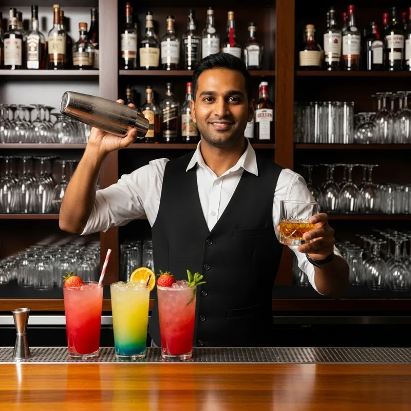 Experienced South Asian Bartender Mixing Colorful Cocktails Experienced South Asian Bartender Mixing Colorful Cocktails
