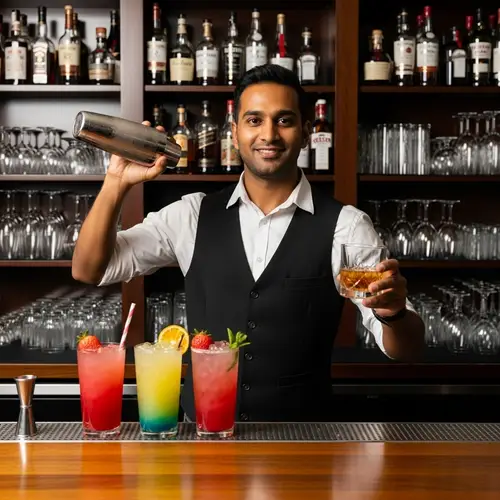Experienced South Asian Bartender Crafting Colorful Cocktails