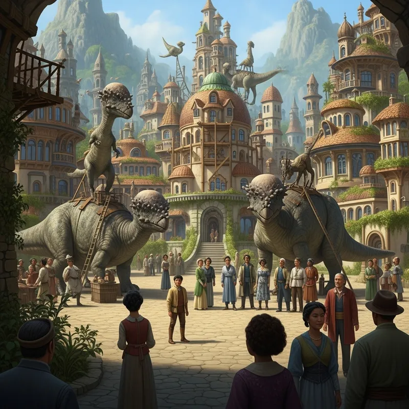 Wholesome Coexistence in Dinotopia City with Pachycephalosaurus