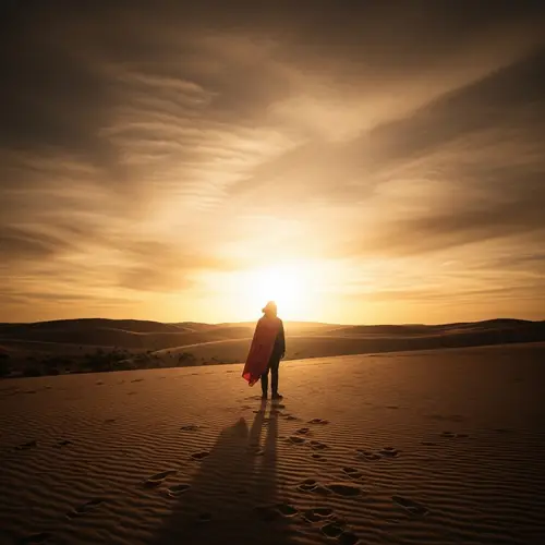 Solitary Figure in Desert Landscape - Dramatic Lighting & Contemplative Pose