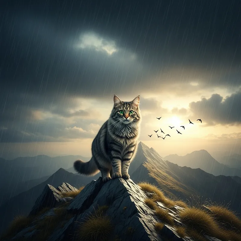 Cat on Mountain in Rain Shower with Birds Flying