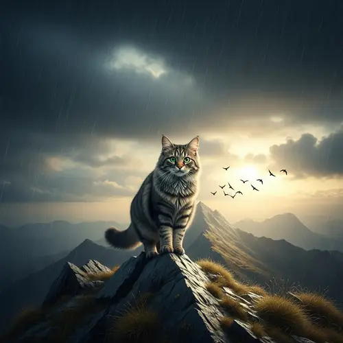 Cat on Mountain with Rain and Birds | Website Name