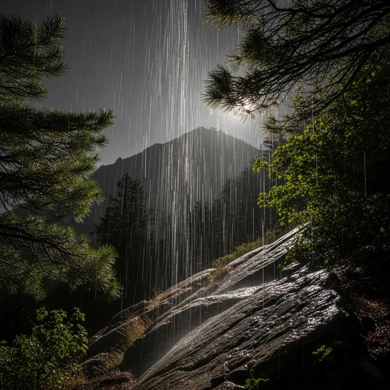 Night Rain Over Scenic Mountain Landscape