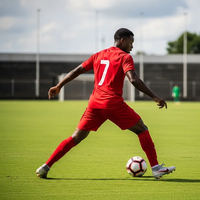 Intense Soccer Player Dribbling Ball | Red Jersey #7 Intense Soccer Player Dribbling Ball | Red Jersey #7