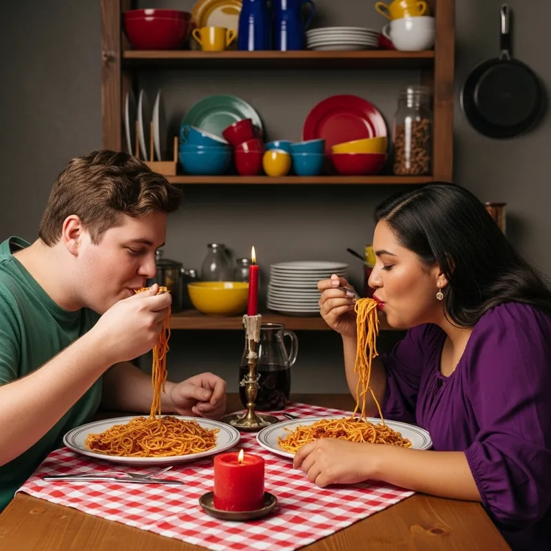 Joyful Overweight Man and Woman Eating Spaghetti | Cozy Dining Scene