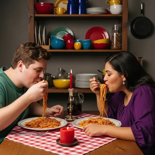 Joyful Overweight Couple Eating Spaghetti | Cozy Dining Scene