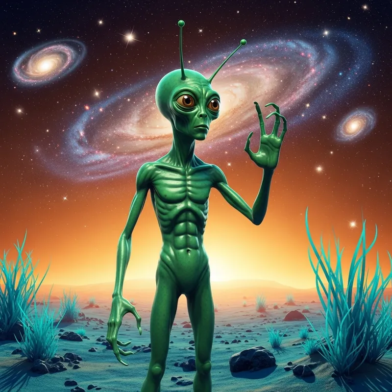 Curious Extraterrestrial in Vibrant Galaxy Setting