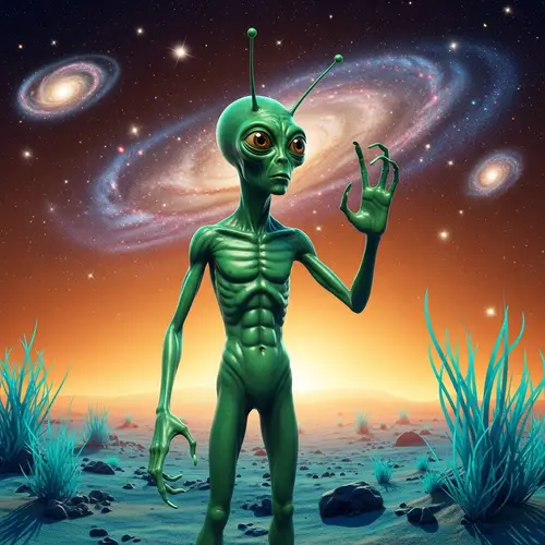 Curious Green Alien Exploration in Vibrant Galaxy Setting