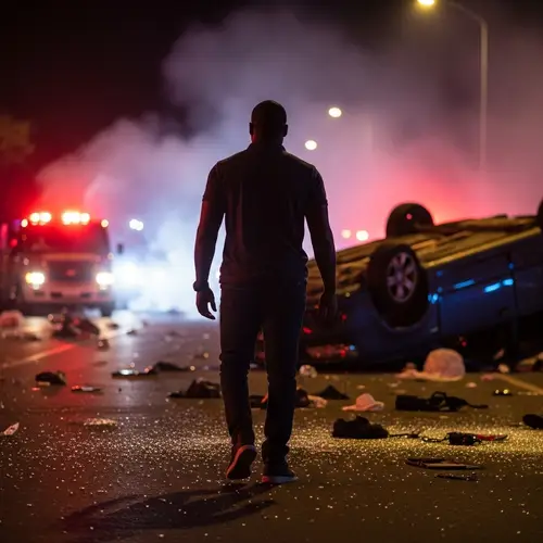 Confident Man Walking Away from Chaotic Scene