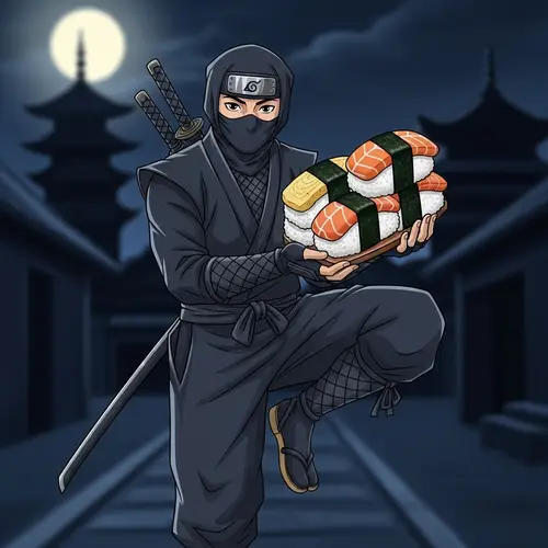 Ninja Character Holding Sushi - Night Scene with Japanese Architecture