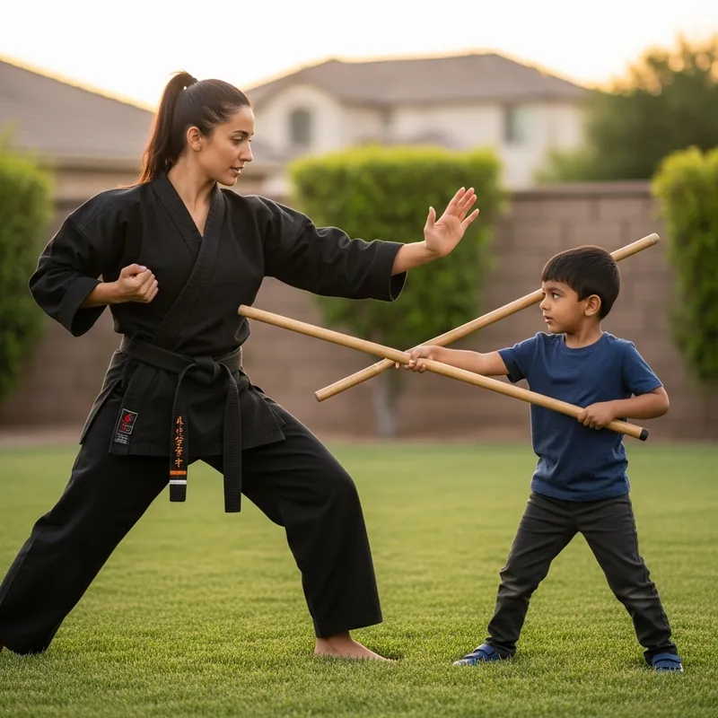 Black Mother Teaching Son Martial Arts with Long Stick