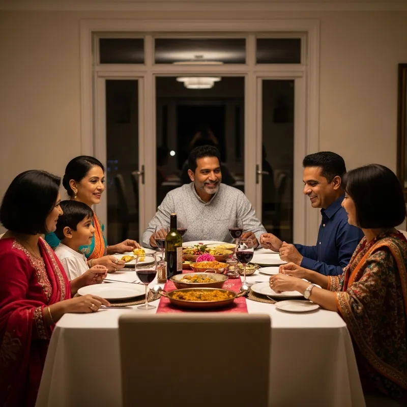 Heartwarming Indian Family Dinner Scene - Vibrant Colors & Intimate Conversations