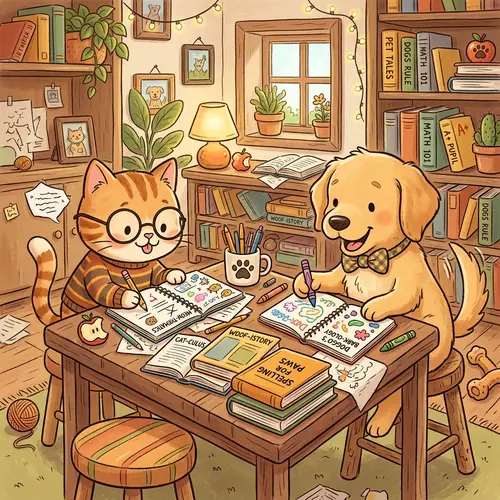 Whimsical Cat and Dog Homework Illustration