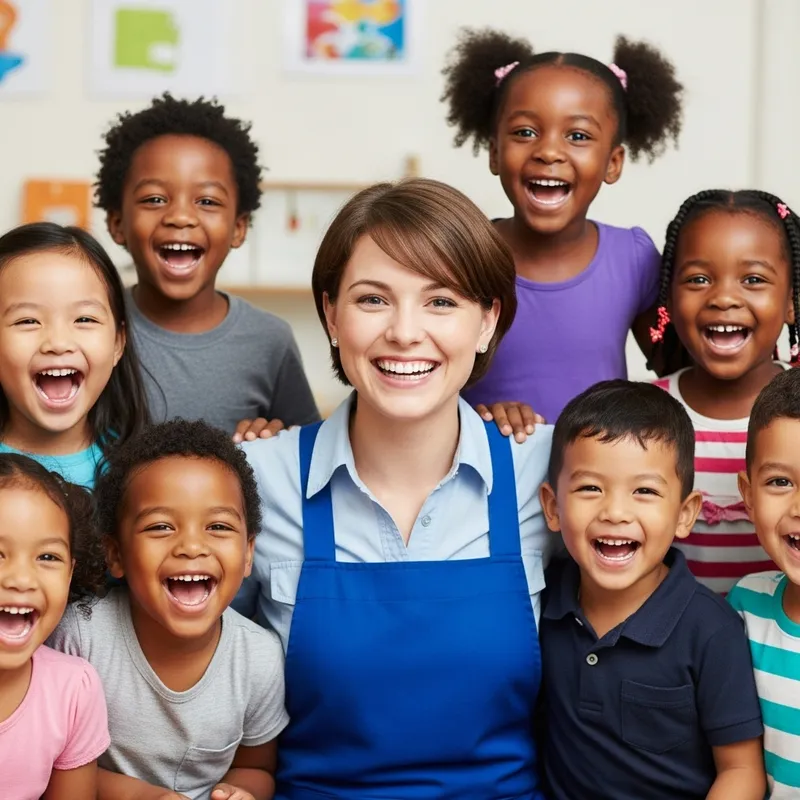 Joyful Preschool Teacher Surrounded by Laughter