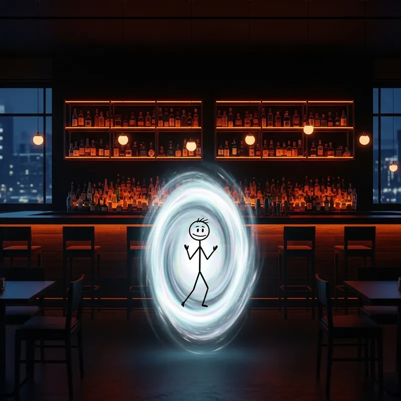 Stick Figure Emerges from Portal at Bar