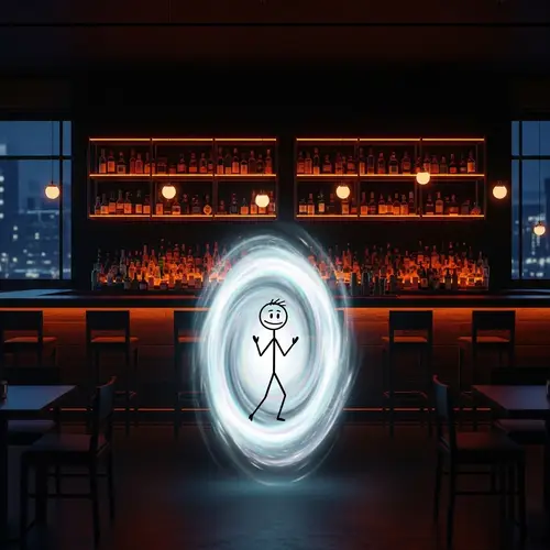 Stick Figure Emerges from Portal at Bar