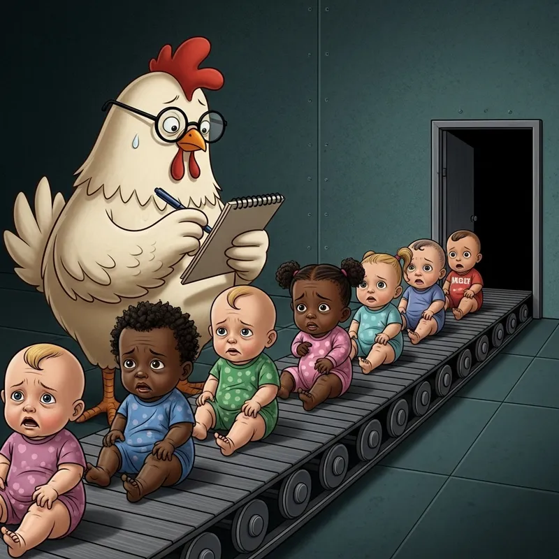 Surreal Image: Crying Babies on Conveyor Belt with Chicken