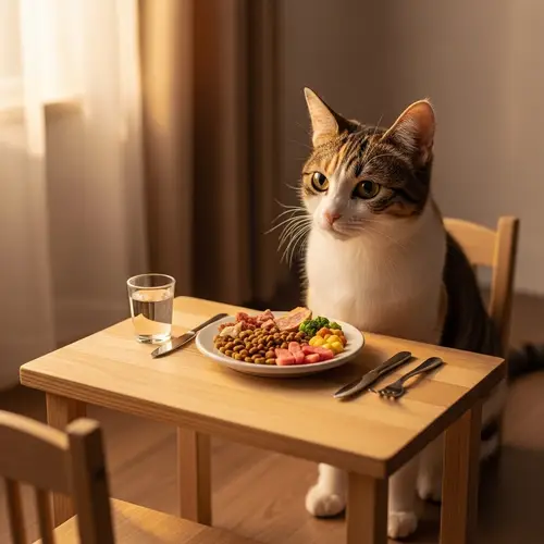 Calico Cat Enjoying Gourmet Dinner at Tiny Table