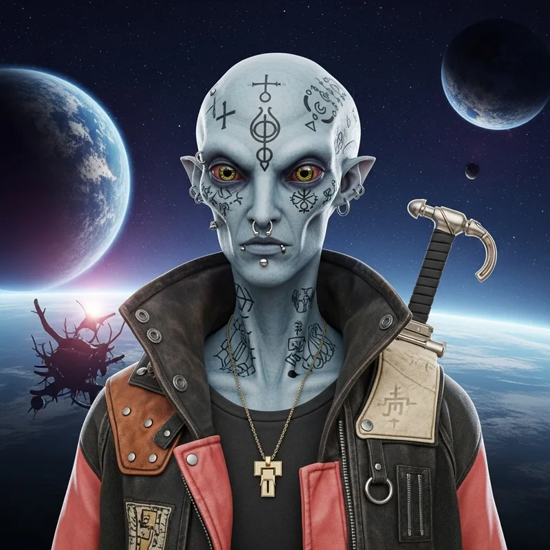Edgy Alien Character in Cosmic Universe with Piercing and Tattoos