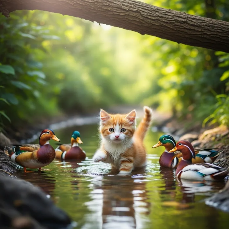 Cute Kitty Swimming with Friendly Ducks