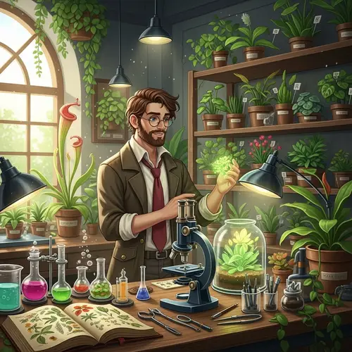 Dexter in Botanical Laboratory with Diverse Plants
