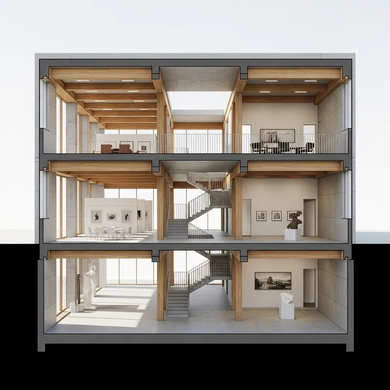 Gallery Concrete and Wood Beams | 3 Floors Architectural Section
