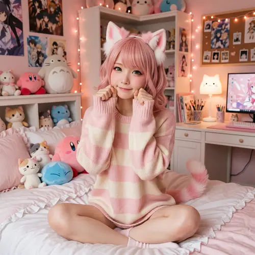 Cute Catgirl Portrait with Plushies in Anime Bedroom