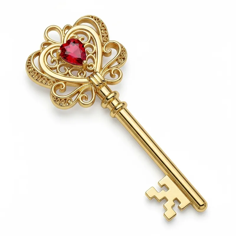 Elegant Golden Skeleton Key with Ruby Detail