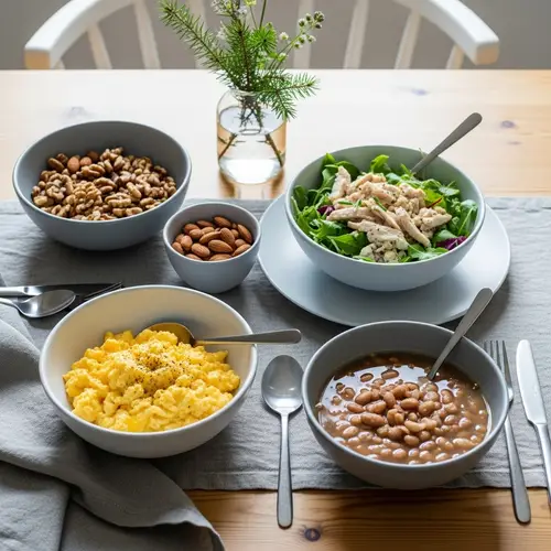 Nordic Style Meal Setting: Scrambled Eggs, Chicken Salad, Nuts & Bean Soup