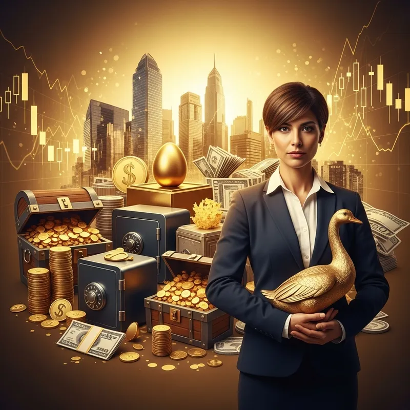 Contemporary Financial Success Art: Wealthy Hispanic Woman Holding Golden Goose