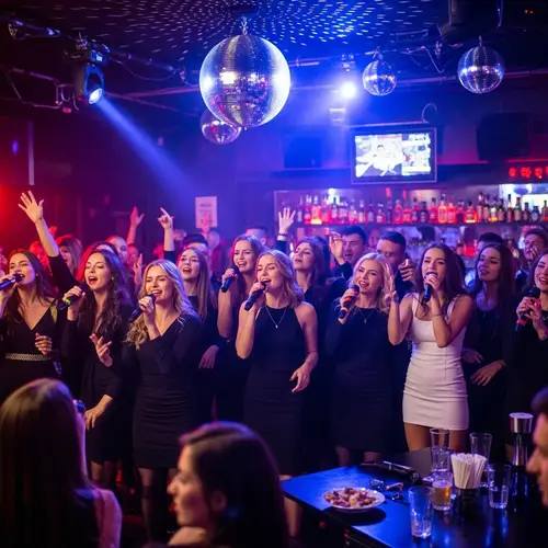 Vibrant Karaoke Club Experience: Neon Lights & Diverse Performers